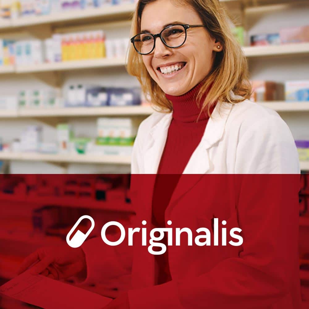 Originalis logo and a smiling pharmacist