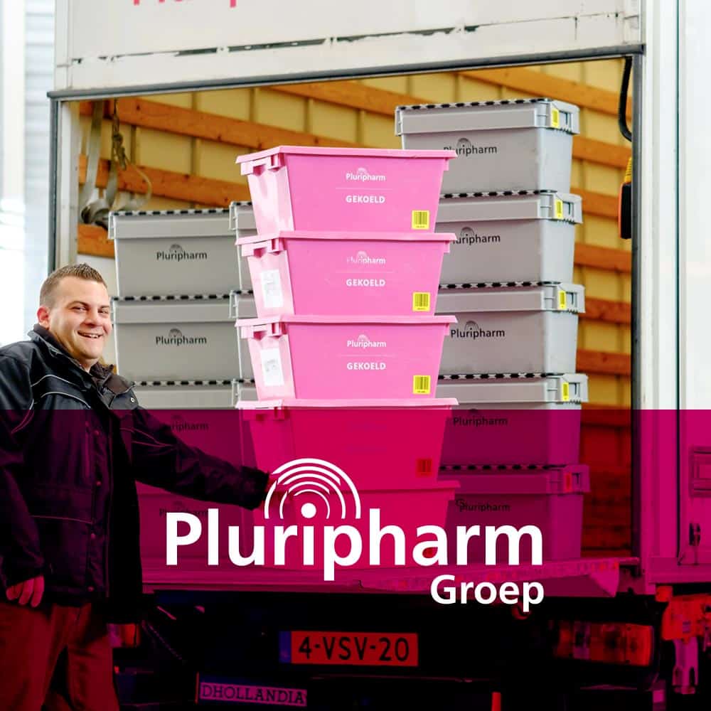 Pluripharm Groep logo and a man delivering medicine